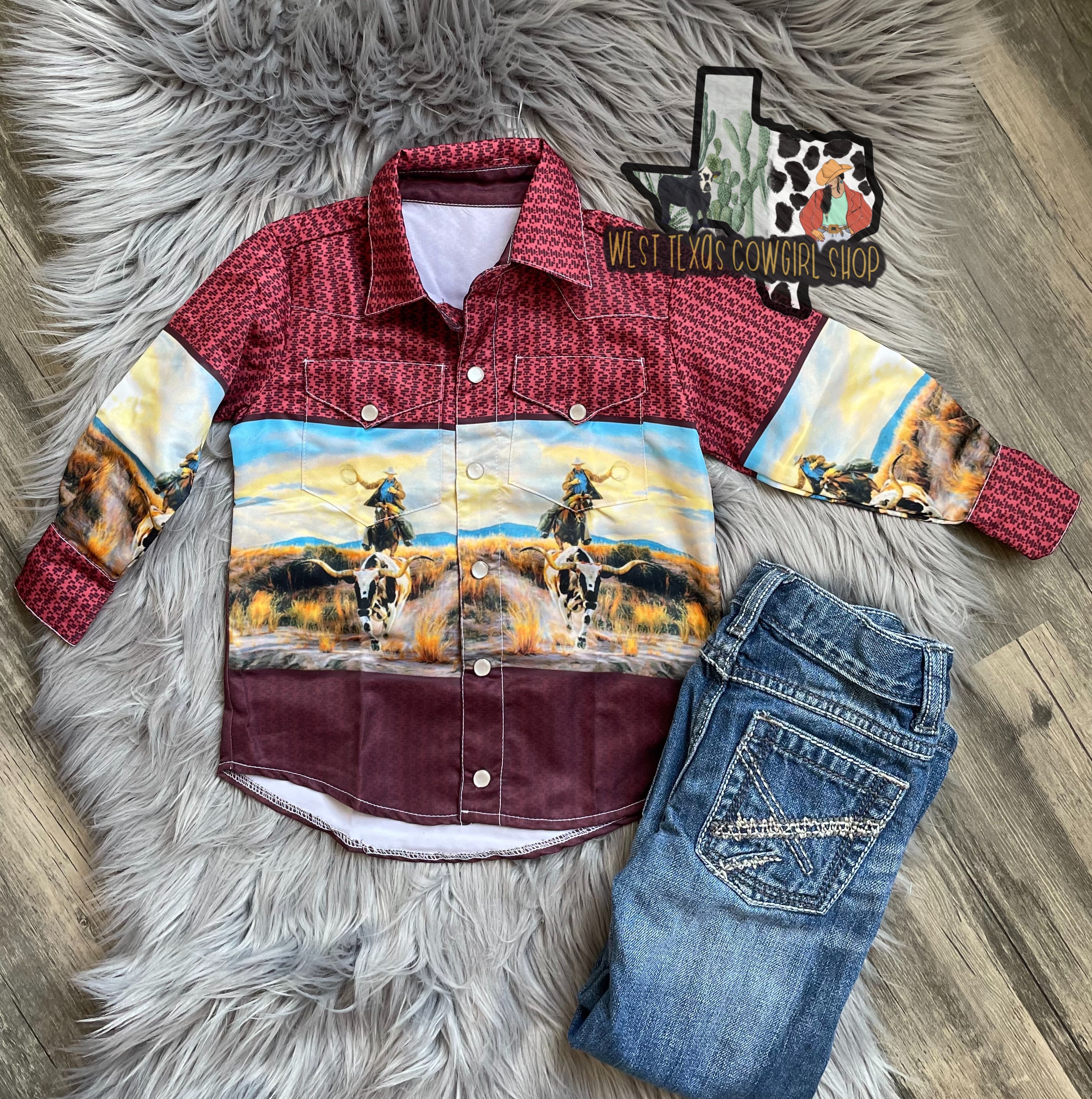 Burgundy Cowboy Longhorn Button Up Shirt