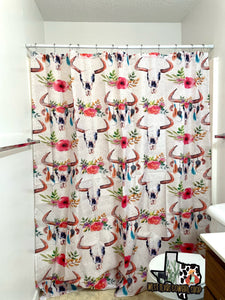 Pink Floral Bull Skull Shower Curtain
