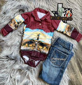 Burgundy Cowboy Longhorn Button Up Bodysuit