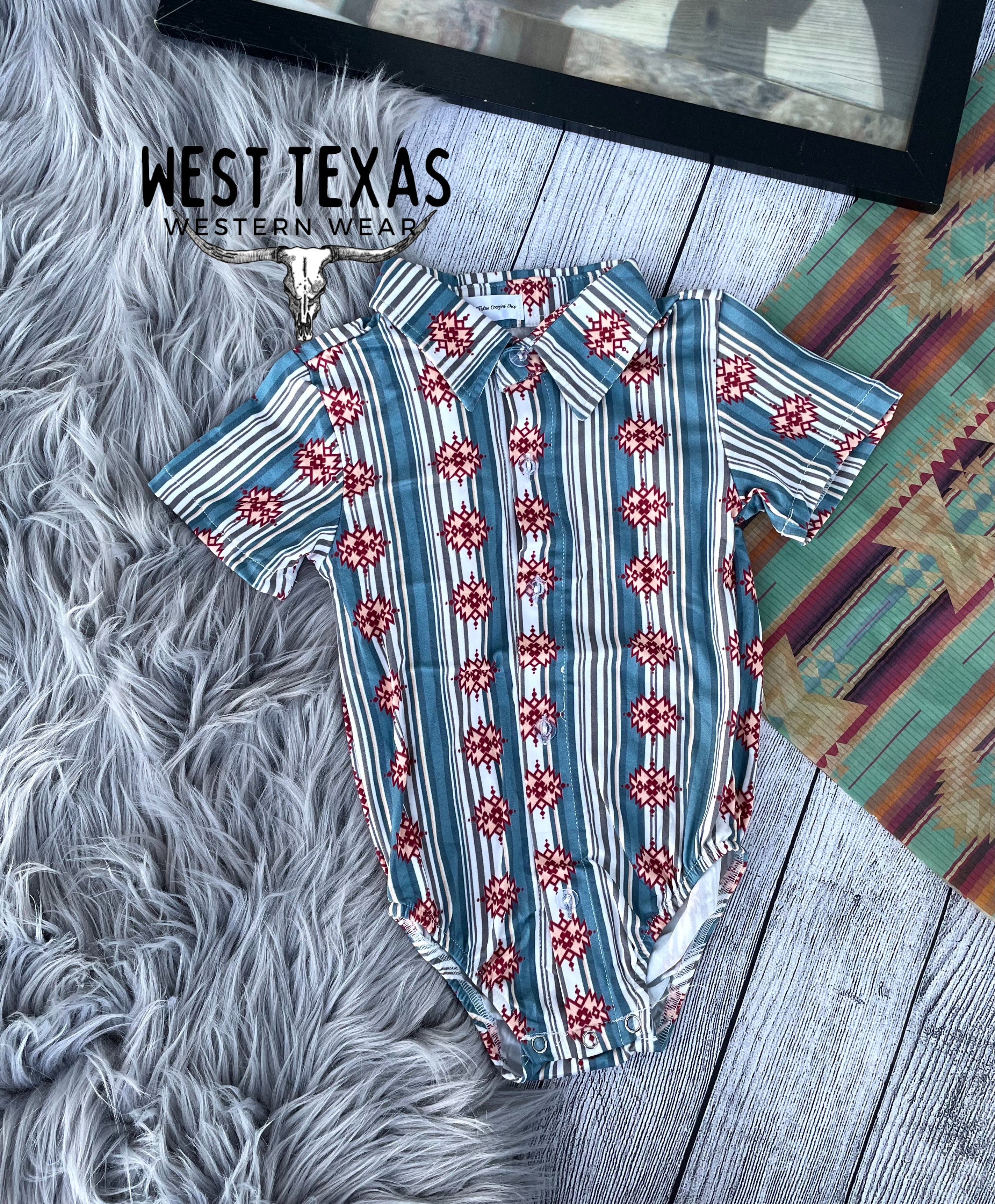 White Blue Stripes Aztec Button Up Bodysuit
