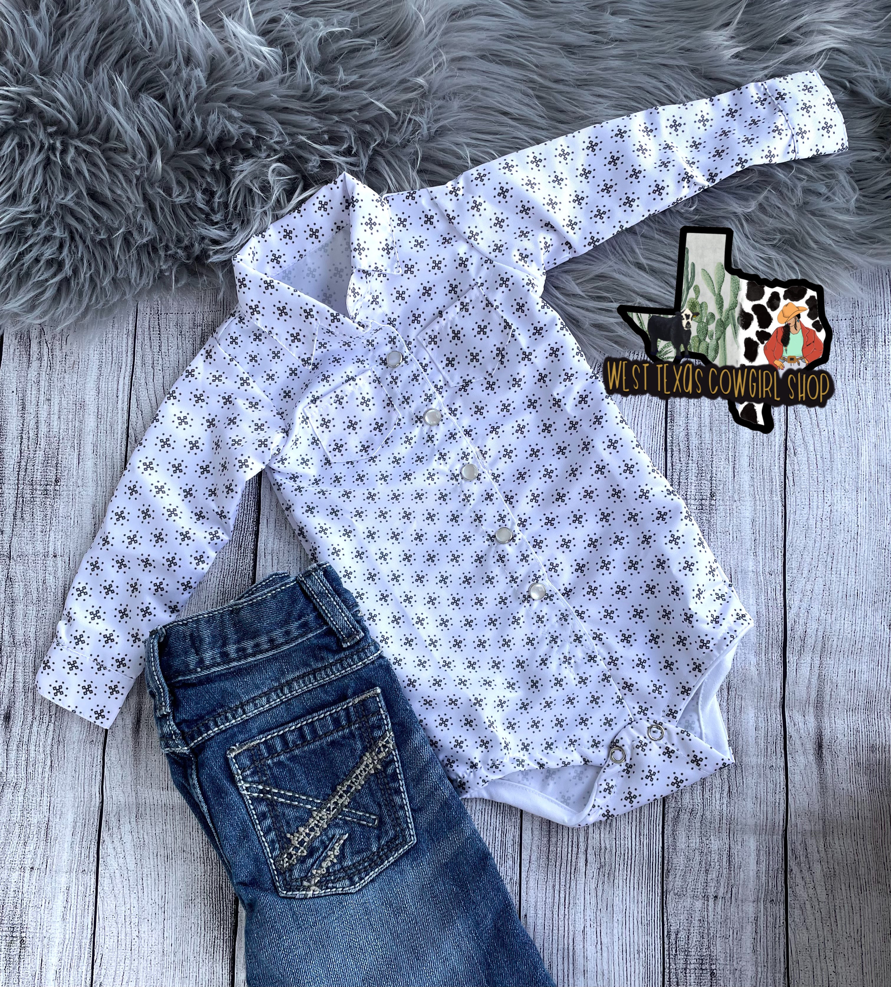 Classic White Diamond Geo Print Button Up Bodysuit