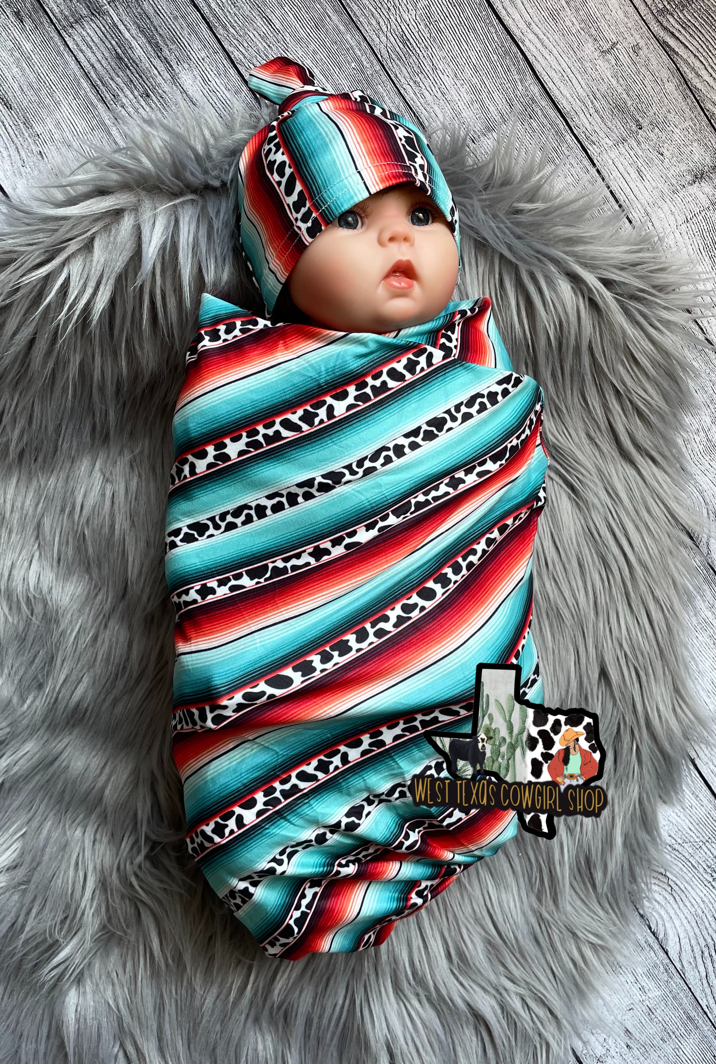 Serape Cow Stripes Swaddle Blanket Hat Set